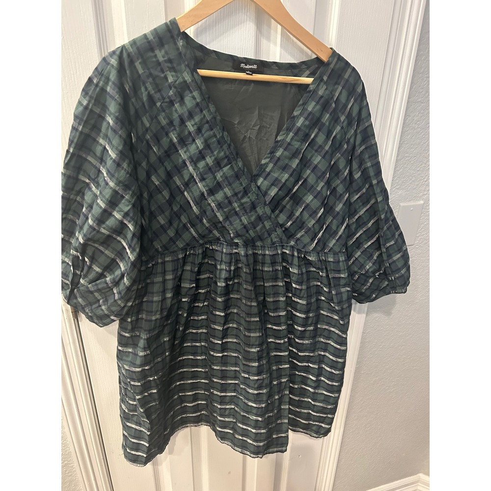 Madewell Green‎ Plaid Metallic Stripe Babydoll Mini Dress Pockets Womens Large